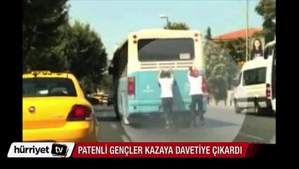 Şişli'de otobüse asılan patenli gençler kazaya davetiye çıkardı