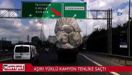 Aşırı yüklü kamyon trafikte tehlike saçtı