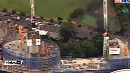 Yanan vinç böyle devrildi