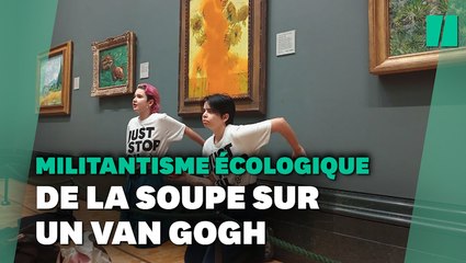 Download Video: Les « Tournesols » de Van Gogh aspergés de soupe à la tomate à Londres