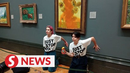 Télécharger la video: UK climate change protesters throw soup at van Gogh's 'Sunflowers'