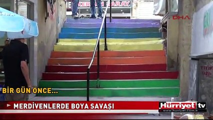 İZMİT'TE BELEDİYE VE GENÇLERİN MERDİVENLERDE BOYA SAVAŞI