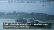 Park halindeki otomobile çarpıp tarlaya giren aracın sürücüsü yaralandı