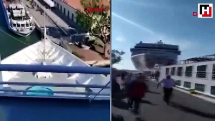 Kontrolden çıkan cruise gemisi, bir gemiye ve limana çarptı