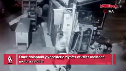 Önce dolaptaki yiyeceklerle ziyafet çektiler ardından motoru çaldılar