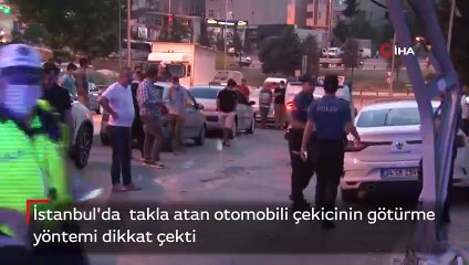 Takla atan otomobili çekicinin götürme yöntemi dikkat çekti