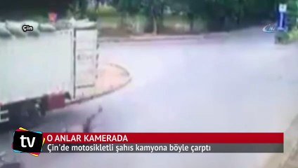 Motosikletli şahıs kamyona böyle çarptı