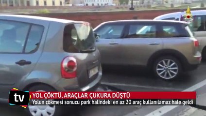 İtalya'da yol çöktü, araçlar çukura düştü