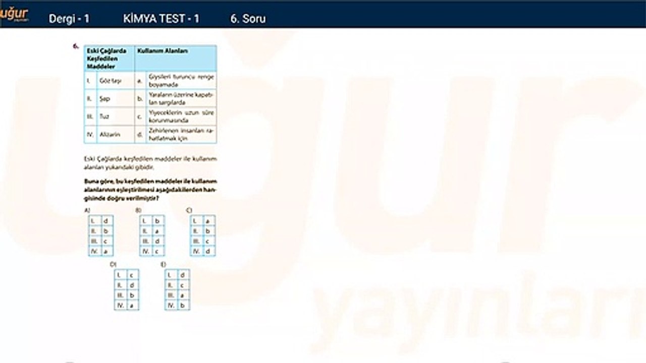 Kimya – Test 1 Soru: 6