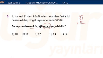 Temel kavramlar - Doğal sayılar - Tam sayılar alıştırma Test : 2 Soru: 5