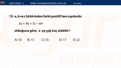 Temel kavramlar - Doğal sayılar - Tam sayılar alıştırma Test : 1 Soru: 18