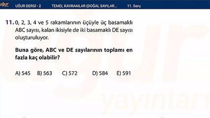 Temel kavramlar - Doğal sayılar - Tam sayılar alıştırma Test : 2 Soru: 11