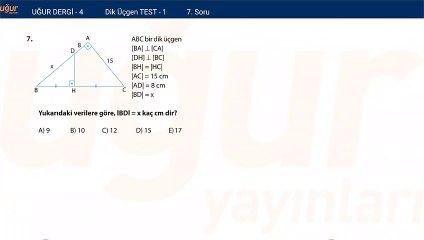 Geometri - Dik Üçgen Test 1 Soru: 7