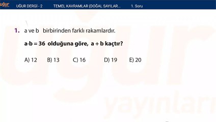 Temel kavramlar - Doğal sayılar - Tam sayılar alıştırma Test : 1 Soru: 1