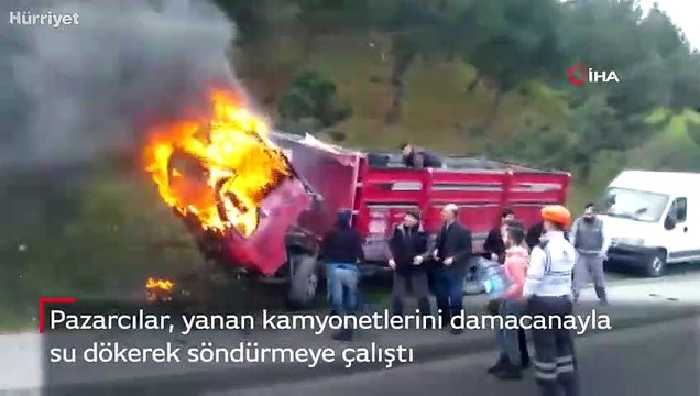 Kamyonetteki yangına damacana ve hortumlu müdahale