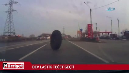 Dev lastik kadın sürücüyü teğet geçti