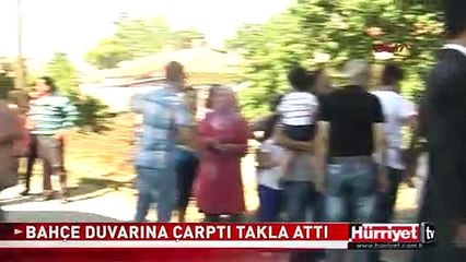 OTOMOBİL BAHÇE DUVARINA ÇARPIP TAKLA ATTI