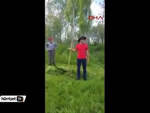 Milli futbolcu Hakan Çalhanoğlu orakla ot biçti