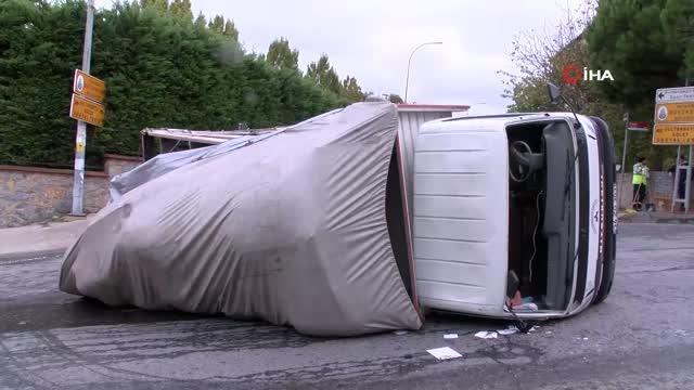 Sultanbeyli'de kontrolden çıkan kamyonet yan yattı