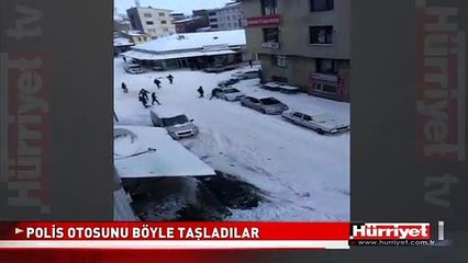 POLİS OTOSUNU BÖYLE TAŞLADILAR