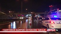 KAMYONUN DAMPERİ ÜSTGEÇİDE TAKILDI