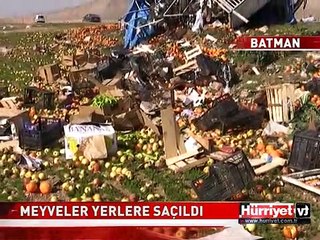 DEVRİLEN KAMYONETTEKİ MEYVELER TARLAYA SAÇILDI