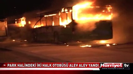 PARK HALİNDEKİ İKİ HALK OTOBÜSÜ ALEV ALEV YANDI