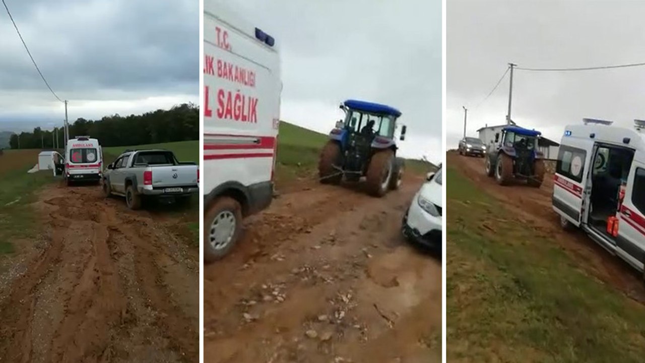 Çamura saplanan ambulans  traktör yardımıyla hastaya ulaştı