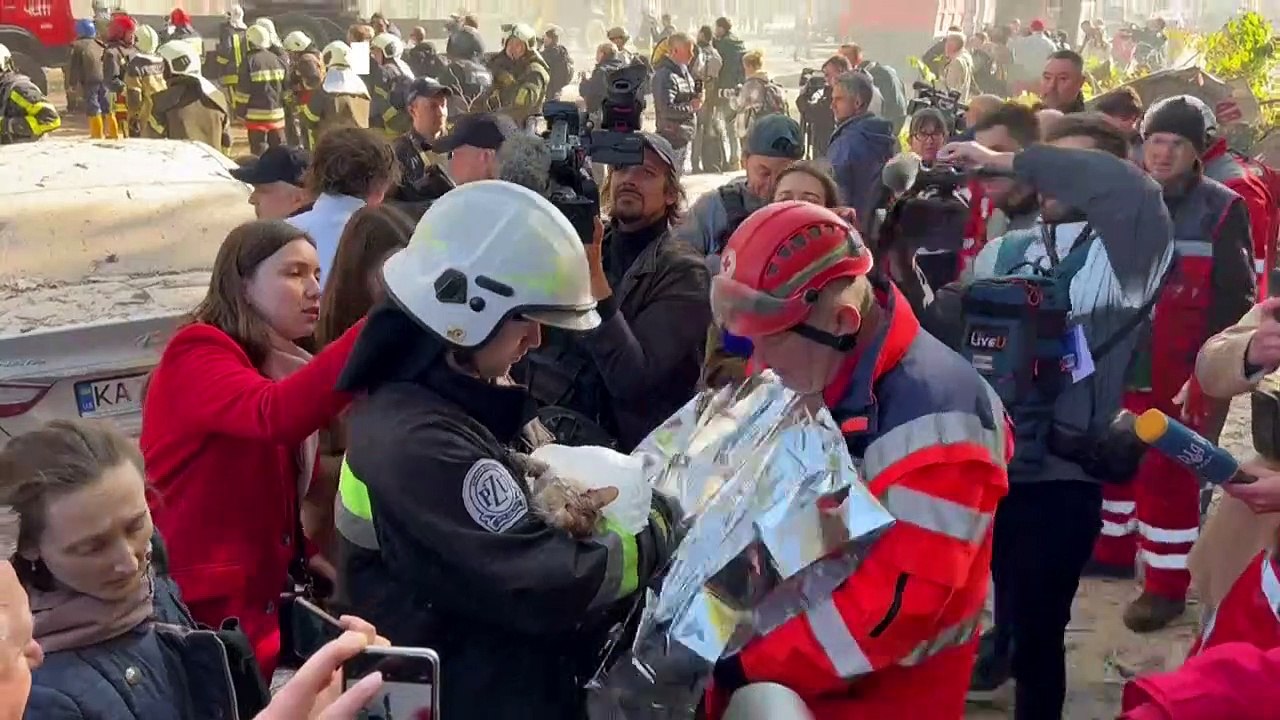 Cat rescued from rubble after 'kamikaze drones' hit Kyiv