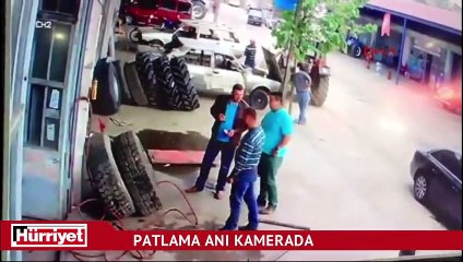 Lastik dükkanında korkutan patlama kamerada