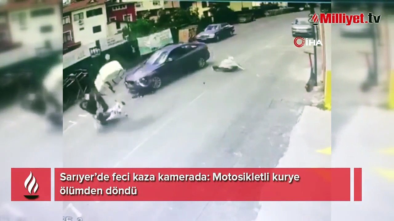 Sarıyer’de feci kaza kamerada: Motosikletli kurye ölümden döndü