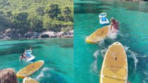 'Harder than it looks' friends hilariously fail to accomplish challenge of jumping on paddle boats!