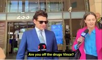 Vince Colosimo runs for cover as he’s asked if he’s STILL on the drugs – after somehow dodging jail for driving under the influence and admitting he has a staggering $65k in unpaid fines