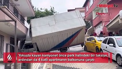 Yokuştan kayan kamyonet 4 katlı apartmana çarptı
