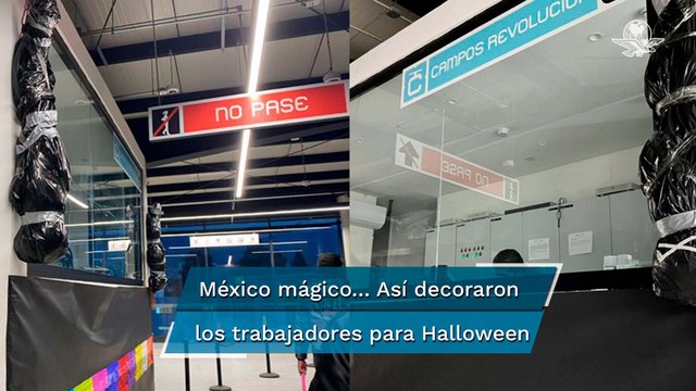Con falsos cadáveres embolsados, adornan estación de Cablebús