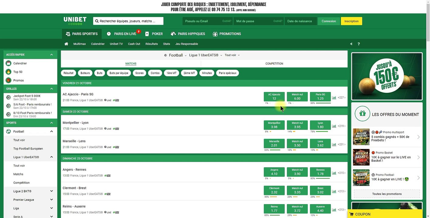 Ac Ajaccio vs Paris SG et Montpellier vs Lyon Vendredi 21 octobre 2022