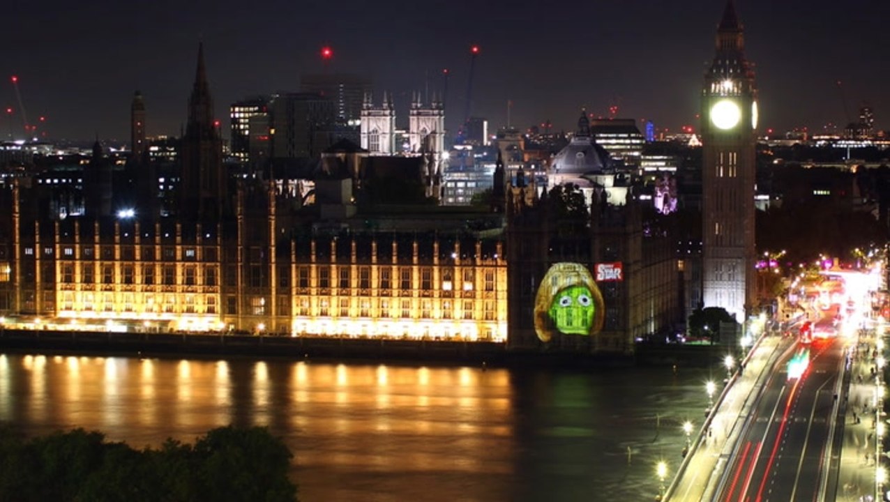 Liz Truss lettuce projected onto Westminster hours after prime minister’s resignation