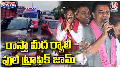 Heavy Traffic Jam At Choutuppal Due To Minister KTR Road Show | Munugodu Bypoll | V6 Teenmaar
