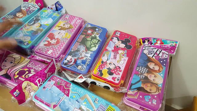 Super big Unboxing and review of SKI platic Mikey, Barbie, Frozen, Avenger pencil boxes for kids