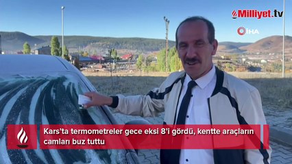 Download Video: Kars eksi 8’i gördü, araçların camları buz tuttu