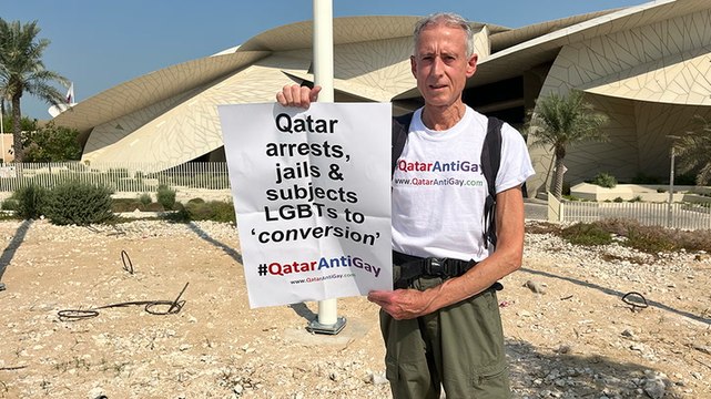 Peter Tatchell stages LGBT+ rights protest in Qatar ahead of World Cup