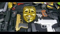 V for Vendetta Mask and Toy Bead Shooter Gold And Black Guns, Revolver Pistols