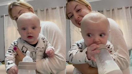 Adorable baby picks up his feeder bottle by himself for the first time!