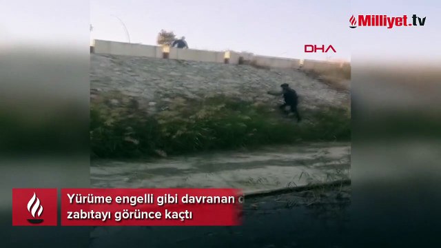 Yürüme engelli gibi davranan dilenci, zabıtayı görünce kaçtı