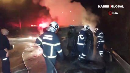 Kamyonet takla atıp yandı! Polis, sürücüyü ölümden kurtardı