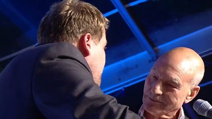 Corden and Sir Patrick Stewart exchange words at Glamour Awards