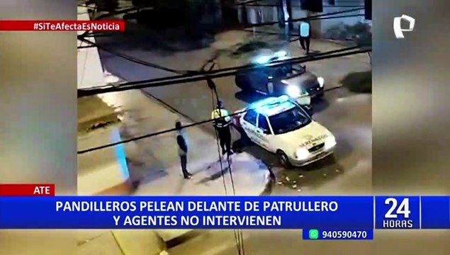 Batalla campal en Ate: pandilleros pelean delante de patrullero y agentes no intervienen