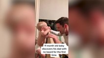 Baffled baby gawks at beardless father after seeing his new look during peek-a-boo