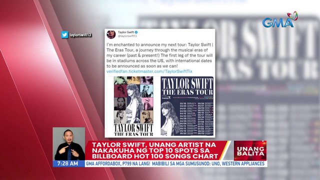 Taylor Swift, unang artist na nakakuha ng Top 10 spots sa Billboard Hot 100 songs Chart | UB
