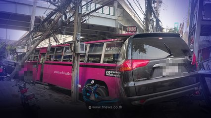 หนุ่มซิ่งปาเจโร่ดำพุ่งชนยับ รถเมล์132-เชฟโรเลต เจ็บระนาว คนขับสารภาพสิ้น